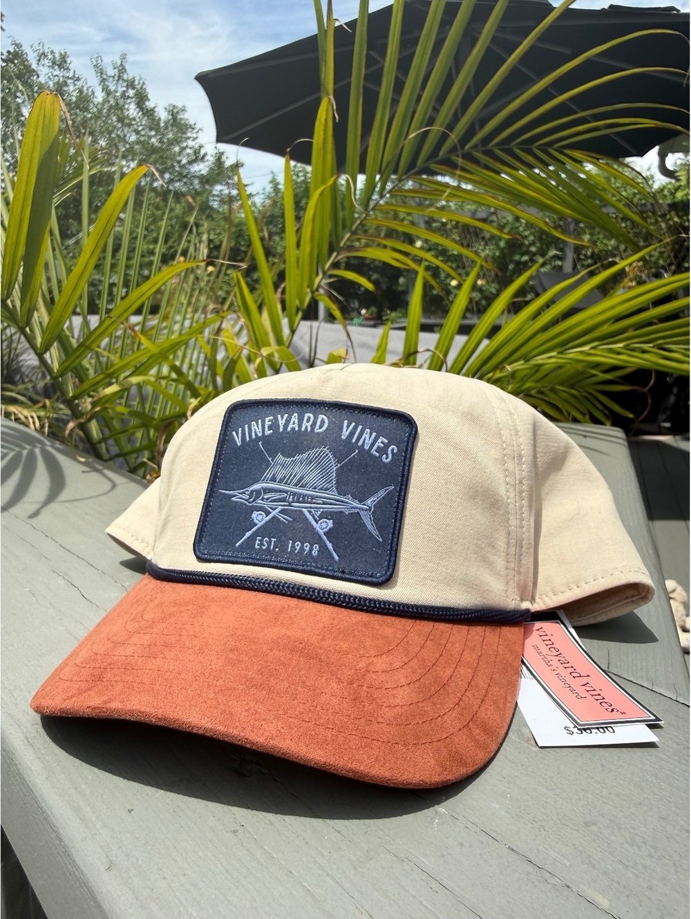 Vineyard Vines Marlin Patch Snapback Hat Cream Brown Suede Brim Adjustable NWT